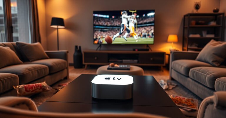 A sleek Apple TV device glowing softly on a modern living room coffee table, surrounded by a cozy setup of plush couches, a large flat-screen TV displaying vibrant live sports, snacks scattered around, and warm ambient lighting creating an inviting atmosphere, illustrating the excitement of enjoying live television at home.