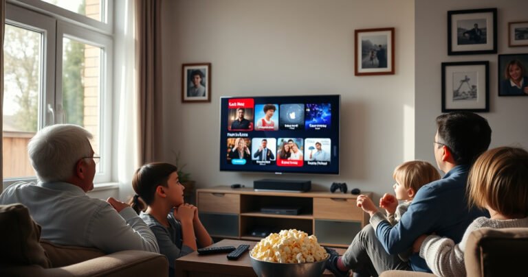 A cozy living room scene featuring a sleek Apple TV displaying vibrant local channels, surrounded by a family enjoying a movie night. Sunlight streams through a window, illuminating a bowl of popcorn and a stack of remote controls. The walls are adorned with framed photos, creating a warm, inviting atmosphere perfect for entertainment.