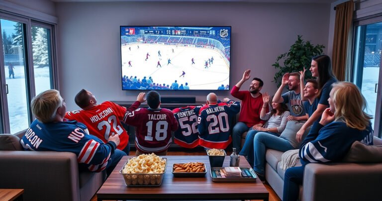 A vibrant living room scene with a large flat-screen TV displaying an NHL game, colorful team jerseys draped on a cozy sofa, popcorn and snacks on a coffee table, excited fans cheering, and a window showing a snowy landscape outside, capturing the essence of a thrilling hockey night at home.