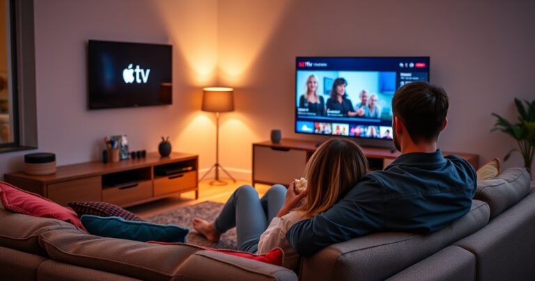 A cozy living room scene featuring a sleek Apple TV displayed on a modern entertainment center, with a plush sofa adorned with colorful cushions. A couple sits together, engrossed in a fun Netflix show on the screen, popcorn in hand, soft ambient lighting creating a warm, inviting atmosphere.