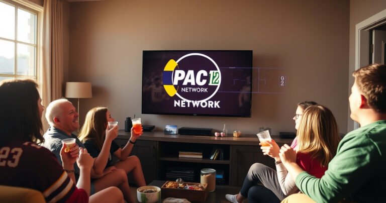 A vibrant living room scene with a large flat-screen TV displaying the PAC 12 Network logo, surrounded by excited friends cheering with snacks and drinks in hand. Sunlight streams through a window, casting a warm glow on team jerseys and colorful decor, while a football game plays in the background, creating an electric atmosphere of camaraderie.