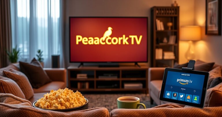 A cozy living room with a large smart TV displaying the Peacock TV logo, surrounded by plush sofas, a bowl of popcorn, and a steaming mug of coffee. Soft, warm lighting creates an inviting atmosphere, while a digital device shows the Amazon Prime interface, highlighting the connection between both streaming services.