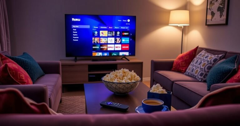 A cozy living room featuring a modern smart TV displaying the Roku interface, surrounded by plush sofas and vibrant throw pillows. A sleek remote lies on a coffee table, while a bowl of popcorn and a steaming cup of coffee add warmth. Soft ambient lighting creates an inviting atmosphere, perfect for movie nights.
