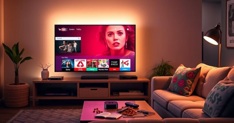 A cozy living room featuring a sleek Apple TV connected to a vibrant TV screen displaying the YouTube TV interface, soft ambient lighting casting a warm glow, a plush sofa with colorful throw pillows, and a coffee table cluttered with snacks and a remote, inviting viewers to enjoy a relaxing streaming experience.