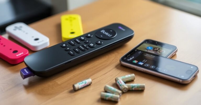 A close-up of a sleek Roku TV remote, resting on a wooden table surrounded by various replacement options: vibrant colored remotes, a smartphone displaying the Roku app, and scattered batteries. Soft, natural light filters through a nearby window, highlighting the modern design and functionality, inviting viewers to explore their options for a new remote.