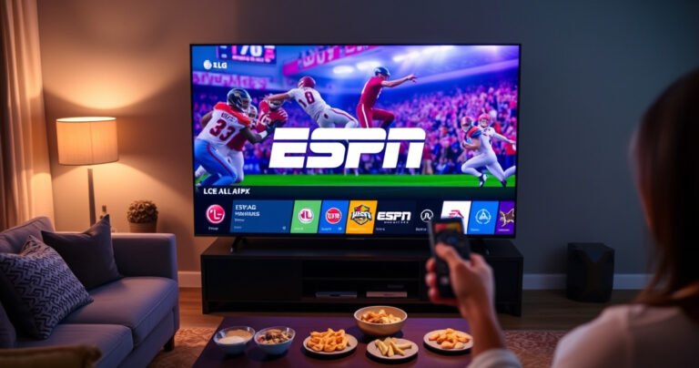 A sleek LG TV displaying the ESPN app logo, vibrant sports highlights streaming in the background, a cozy living room setting with a stylish couch and snacks on a coffee table, soft ambient lighting creating a warm atmosphere, and a person excitedly holding a remote, ready to dive into endless sports content.