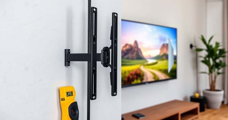 A close-up of a sturdy TV mount securely attached to a textured drywall, showcasing tools like a level and stud finder nearby. The background features a stylish living room with a mounted flat-screen TV displaying a vibrant nature scene, highlighting safety and modern design while emphasizing the importance of proper installation.