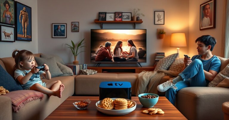 A cozy living room featuring a sleek Apple TV, surrounded by various family members engaged in different activities: a child playing a game, a couple watching a romantic movie, and a teenager streaming music. The walls are adorned with colorful posters, soft lighting creates a warm atmosphere, and snacks are scattered on a stylish coffee table.