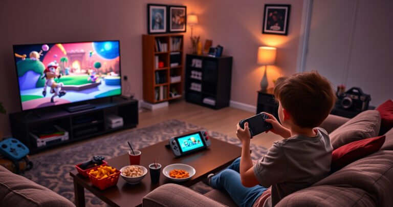 A cozy living room with a Nintendo Switch Lite connected to a large TV, vibrant game graphics illuminating the screen. A comfortable couch surrounded by gaming accessories, soft lighting casting warm shadows, snacks on a coffee table, and a young gamer eagerly holding a controller, immersed in the gaming experience.
