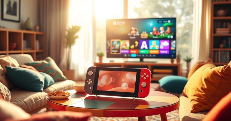 A vibrant living room scene featuring a Nintendo Switch Lite on a colorful coffee table, surrounded by cozy cushions and snacks. In the background, a large flat-screen TV displays a gaming menu, with playful, animated graphics sparkling. Soft sunlight filters through the window, casting a warm glow over the inviting space.