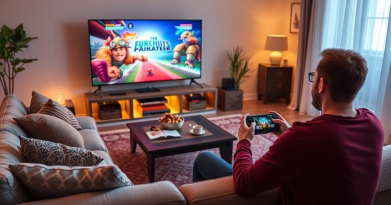 A cozy living room scene featuring a Steam Deck connected to a large flat-screen TV, glowing with vibrant game graphics. A comfy sofa with gaming cushions, snacks on a coffee table, and ambient lighting create an inviting atmosphere, while a person enthusiastically plays, showcasing the seamless transition from handheld to big-screen gaming.