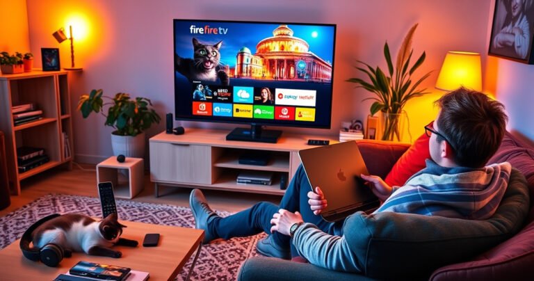 A vibrant living room scene featuring a sleek Fire TV displaying a colorful home screen, surrounded by curious gadgets and tech accessories. A person sits comfortably on a couch, laptop open, exploring options with an intrigued expression, while a cat lounges nearby. Warm lighting creates an inviting atmosphere filled with hints of digital freedom and innovation.