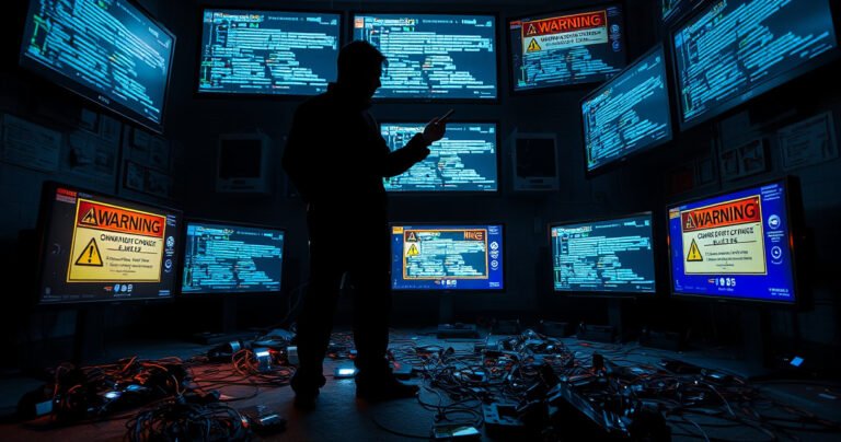 An ominous room illuminated by the glow of multiple smart TVs, displaying a chaotic mix of digital code and warning signs. Shadows of a curious figure loom, holding a tool, while an array of tangled wires and gadgets lie scattered on the floor. The atmosphere is tense, hinting at the risks of tampering with technology.