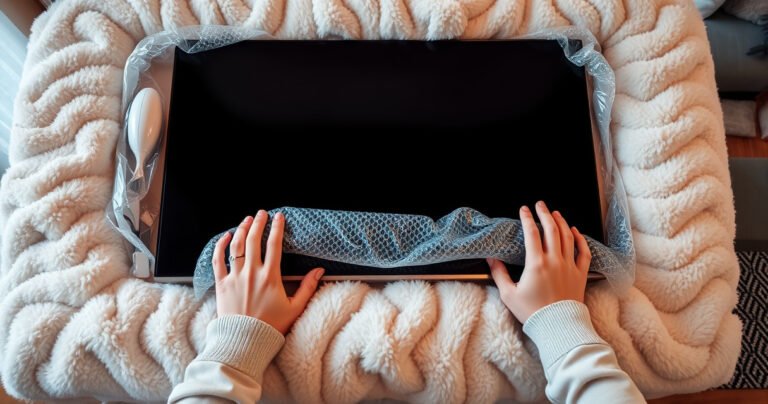 A sleek LED TV lying on a soft, plush surface, surrounded by tools like bubble wrap and soft cloths. Gentle hands carefully support the TV, ensuring safety. Warm, inviting lighting highlights the tech's modern design, while a faint outline of a cozy living room with a couch and decor hints at its future placement.