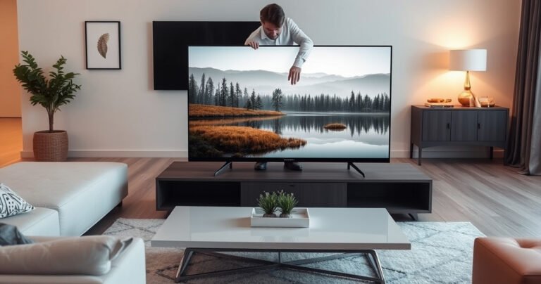 A sleek, modern living room featuring a large flat-screen TV positioned safely on a stylish coffee table. The TV screen displays a calming nature scene, surrounded by cozy decor. Warm lighting casts a gentle glow, highlighting a person demonstrating a careful technique to lay the TV flat, embodying safety and innovation in everyday living.