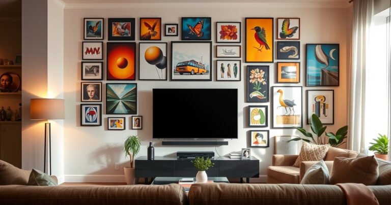 An elegant living room showcasing a standard flat-screen TV seamlessly blending into a gallery wall filled with vibrant artwork. Warm lighting casts a cozy ambiance, while a sleek frame surrounds the TV, giving it an art piece appearance. A plush sofa and decorative plants complete the inviting atmosphere, inviting viewers to envision their own stylish upgrade.