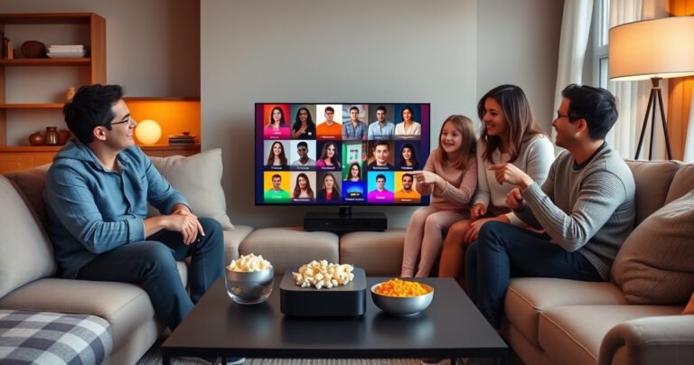 A cozy living room with a sleek Apple TV displaying colorful user profiles, surrounded by plush sofas and warm lighting. A family gathers, smiling and pointing at the screen, while popcorn and snacks are on a stylish coffee table. The atmosphere feels inviting and modern, blending technology with family togetherness.