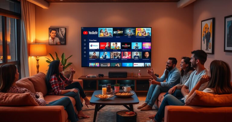 A vibrant, modern living room with a large TV displaying the YouTube TV interface, surrounded by cozy couches and snacks. A diverse group of friends excitedly discusses their favorite shows, with colorful streaming icons and a glowing favorites list overlay. Warm lighting creates an inviting atmosphere, emphasizing connection and entertainment.