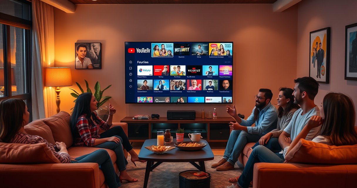 A vibrant, modern living room with a large TV displaying the YouTube TV interface, surrounded by cozy couches and snacks. A diverse group of friends excitedly discusses their favorite shows, with colorful streaming icons and a glowing favorites list overlay. Warm lighting creates an inviting atmosphere, emphasizing connection and entertainment.