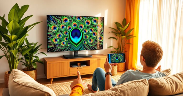 A colorful living room with a sleek flat-screen TV displaying a vibrant peacock feather pattern. A person sits comfortably on a stylish couch, a smartphone in hand, casting the image to the TV. Lush indoor plants surround the space, and warm sunlight filters through sheer curtains, creating an inviting and tech-savvy atmosphere.