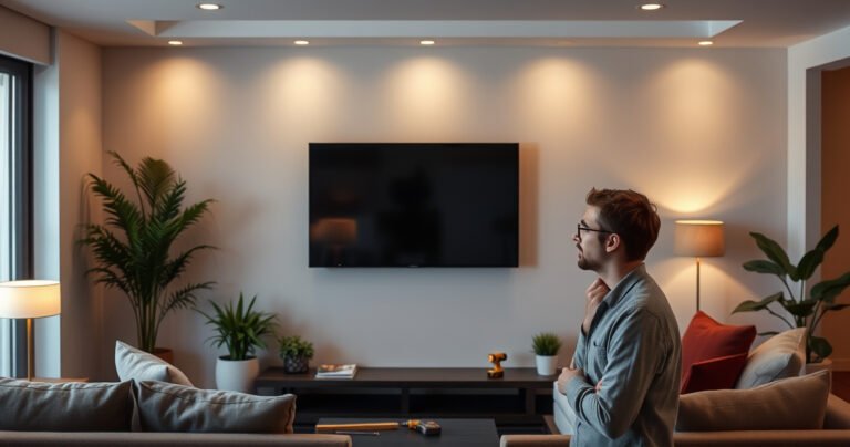 A modern living room with a sleek 75-inch TV mounted on a wall, surrounded by stylish furniture and decorative plants. Soft ambient lighting creates a cozy atmosphere, while tools like a level and drill are subtly placed nearby. A person thoughtfully examines the wall, contemplating the installation, with excitement and hesitation reflected in their expression.