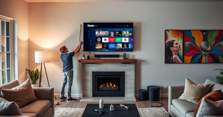 A sleek living room featuring a mounted Roku TV above a stylish modern fireplace, surrounded by cozy furnishings. A couple is carefully measuring the wall for installation, with tools scattered around. Soft ambient lighting creates a warm atmosphere, while a wall adorned with vibrant artwork complements the tech-savvy setup, emphasizing an ideal home entertainment space.