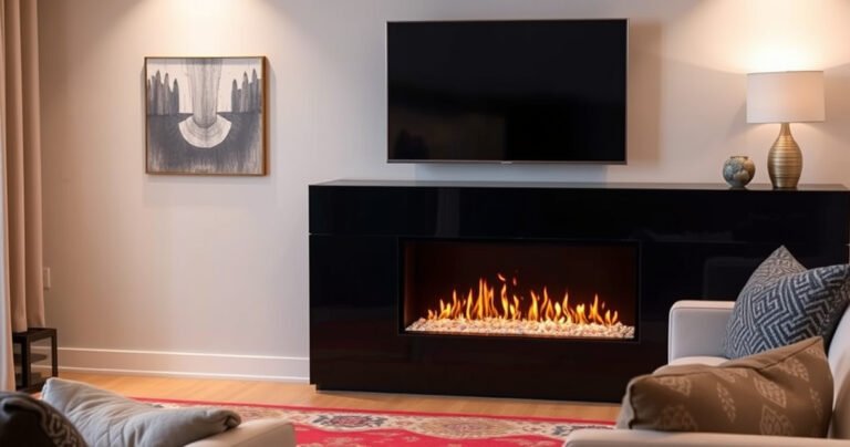 A stylish living room featuring a modern gas fireplace with flickering flames, a sleek flat-screen TV mounted above, surrounded by elegant decor. Soft lighting casts a warm glow, highlighting a cozy seating area with plush cushions and a vibrant rug. A subtle blend of safety and sophistication, inviting viewers to explore the perfect balance of design and functionality.