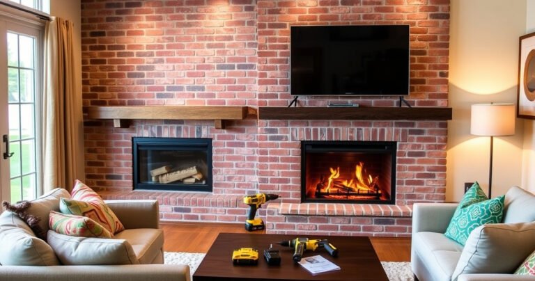 A cozy living room featuring a stylish brick fireplace with a mounted flat-screen TV above it, warm ambient lighting, a plush sofa adorned with colorful cushions, and a sleek coffee table. Tools like a drill and brackets are nearby, and a step-by-step guide is partially visible, creating an inviting atmosphere for home improvement enthusiasts.
