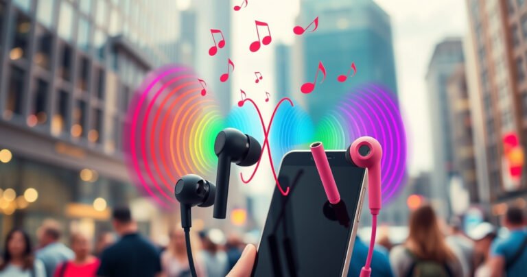 A vibrant scene of two distinct pairs of earbuds, one sleek black and the other bright pink, intertwined among colorful sound waves radiating from a smartphone. The backdrop features a dynamic urban landscape with music notes floating in the air, symbolizing connectivity and innovation. Soft focus on people enjoying music in the background.