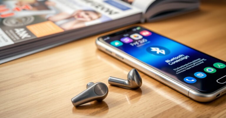 A close-up of sleek Samsung earbuds resting on a wooden table beside an illuminated iPhone, showcasing vibrant icons and a Bluetooth connection screen. Soft ambient lighting highlights the modern design of the earbuds, while hints of technology magazines and guidebooks create an inviting, informative atmosphere, perfect for tech enthusiasts seeking quick tips.