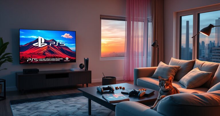 A modern living room showcasing a sleek Smart TV displaying vibrant PS5 graphics, a cozy couch with game controllers scattered around, soft ambient lighting, and a window revealing a sunset. A playful cat lounges nearby, while a coffee table holds snacks and a gaming magazine, creating an inviting atmosphere for gaming enthusiasts.