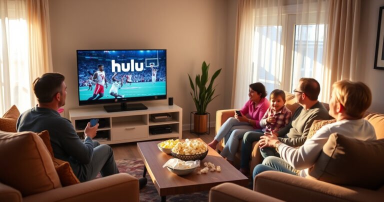 A cozy living room with a modern smart TV displaying the Hulu logo, surrounded by plush couches and colorful cushions. A family of four enjoys popcorn while eagerly watching a live sports game. Sunlight filters through sheer curtains, casting a warm glow on a coffee table filled with snacks, creating a welcoming atmosphere for a fun viewing experience.