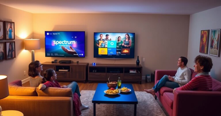 A cozy living room with a large flat-screen TV displaying a vibrant Spectrum TV interface, a family gathered on a plush couch, snacks on a table, and a recording icon glowing on the screen. Warm lighting creates an inviting atmosphere, with a soft rug underfoot and colorful artwork on the walls, showcasing a homely entertainment vibe.