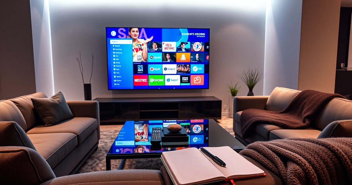 A sleek modern living room featuring a large smart TV displaying a vibrant menu interface, surrounded by plush sofas and soft lighting. A remote control rests on a glass coffee table, while a cozy throw blanket adds warmth. An open notebook and pen hint at notes being taken, inviting viewers to explore the possibilities of smart TV recording.