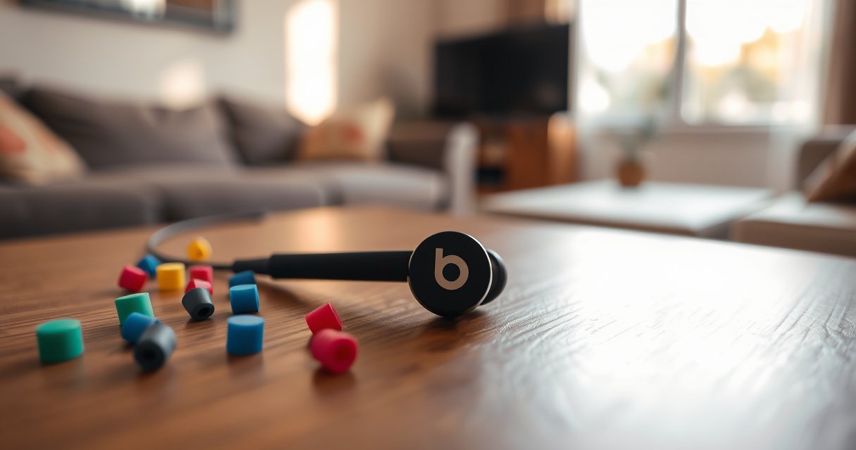 A close-up of a single Beats earbud resting on a sleek wooden surface, surrounded by scattered colorful ear tips and a soft, blurred background of a cozy living room. Warm light filters through a nearby window, highlighting the earbud's glossy finish and subtle brand logo, evoking a sense of modernity and personal connection to music.