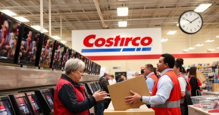 A bustling Costco returns counter, with an array of televisions lined up, a customer examining a box with a thoughtful expression, employees in red vests assisting, bright overhead lights reflecting off the screens, a large "Returns" sign in bold letters, and a clock indicating urgency in the background, creating an atmosphere of bustling activity and decision-making.