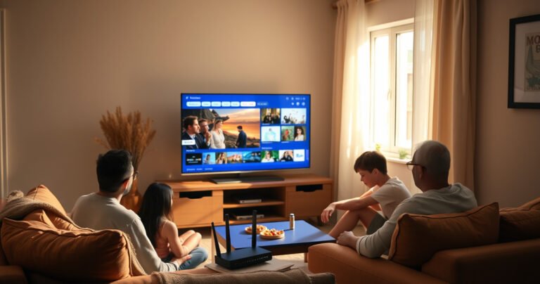 A cozy living room featuring a sleek smart TV displaying vibrant content, surrounded by warm, inviting decor. A family sits together, engrossed in a board game, while sunlight streams through a window, casting soft shadows. An unplugged router sits beside the TV, symbolizing the offline experience, with a subtle hint of digital connections lingering in the air.