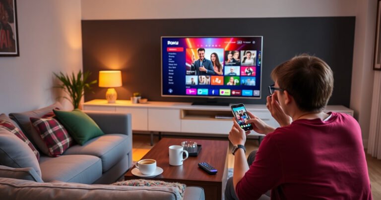 A sleek living room with a modern Roku TV displaying a vibrant screen mirroring interface. A cozy couch adorned with colorful cushions, a steaming cup of coffee on a wooden table, and a family eagerly watching a smartphone screen as images reflect on the TV. Warm lighting and tech gadgets subtly enhance the inviting atmosphere.