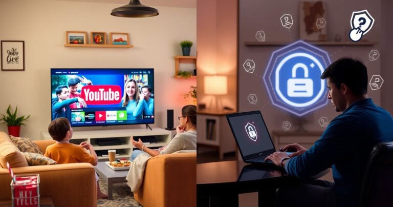 A split-screen image featuring a cozy living room with a family enjoying YouTube TV on a large screen, while on the other side, a concerned person at a laptop, pondering login security. The room is vibrant, with snacks, colorful decor, and a hint of digital privacy symbols in the background, highlighting the balance of enjoyment and caution.