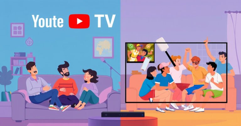 A split-screen illustration showing two households enjoying YouTube TV simultaneously, one with a family laughing on a cozy couch and the other with a group of friends watching sports, vibrant colors, dynamic energy, subtle icons of streaming devices and sharing, capturing the essence of shared entertainment and connectivity in a digital age.