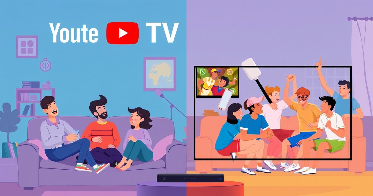 A split-screen illustration showing two households enjoying YouTube TV simultaneously, one with a family laughing on a cozy couch and the other with a group of friends watching sports, vibrant colors, dynamic energy, subtle icons of streaming devices and sharing, capturing the essence of shared entertainment and connectivity in a digital age.
