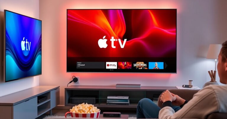 A sleek living room with a modern TV displaying the Apple TV logo, a Chromecast device plugged in, vibrant streaming visuals on the screen, cozy couch with popcorn and a remote nearby, soft ambient lighting, a person relaxing and enjoying the show, hint of technology and home entertainment bliss.
