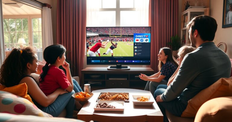 A vibrant living room scene with a family gathered around a large TV, streaming DIRECTV content. The room is filled with cozy furnishings, colorful cushions, and snacks on a coffee table. Bright sunlight streams through the window, illuminating their happy expressions as they enjoy a thrilling sports game together, with the screen showcasing a dynamic, engaging DIRECTV interface.