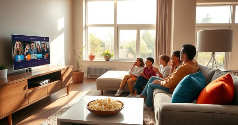 A sleek living room with a modern Apple TV on a stylish cabinet, a family gathered on a cozy couch, excitedly watching local channels on the screen. Sunlight streams through large windows, casting a warm glow. Vibrant cushions and a bowl of popcorn on the coffee table create a welcoming atmosphere of shared entertainment.