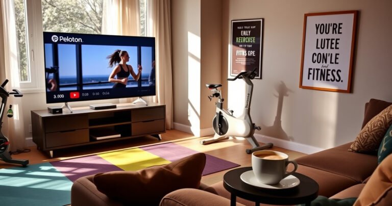 A cozy living room with a large flat-screen TV displaying a Peloton workout, colorful exercise mats on the floor, and a sleek Peloton bike in the corner. Sunlight streams through the window, illuminating a motivational poster on the wall, while a steaming cup of coffee rests on a stylish side table, inviting fitness and relaxation.
