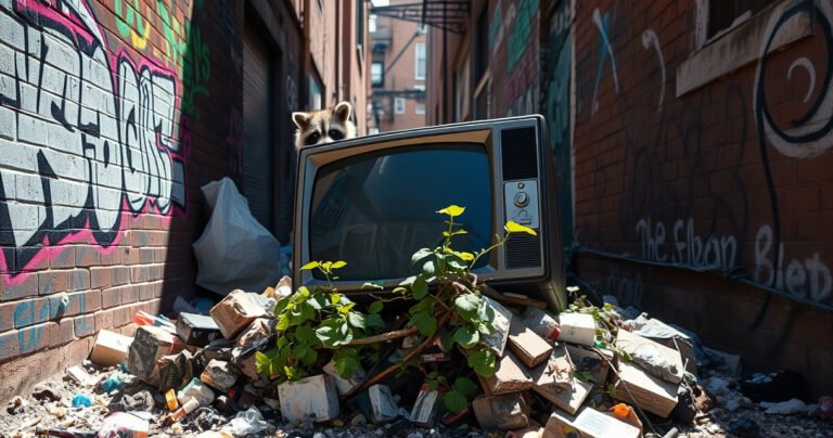 A cluttered urban alley with a discarded old television lying atop a pile of trash, surrounded by vibrant graffiti art on the brick walls. A curious raccoon peeks out from behind the TV, while an overgrown plant sprouts from the garbage, symbolizing renewal amidst waste. Bright sunlight filters through, casting playful shadows.