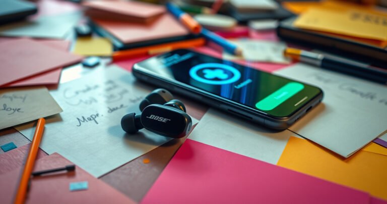 A sleek pair of Bose earbuds resting on a vibrant, cluttered desk, surrounded by scattered notes and a glowing smartphone displaying a tracking app. The earbuds glisten under soft light, with a subtle blue tracking signal emanating from the phone, symbolizing connectivity and modern technology amidst the chaos.