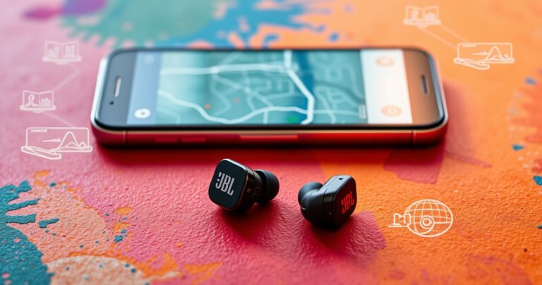 A sleek pair of JBL earbuds resting on a vibrant, textured surface, surrounded by digital icons representing tracking and connectivity, with a glowing smartphone displaying a map. Soft light highlights the earbuds’ design, emphasizing their modern appeal, while hints of technology-inspired graphics swirl around, creating an engaging, informative atmosphere that invites curiosity.