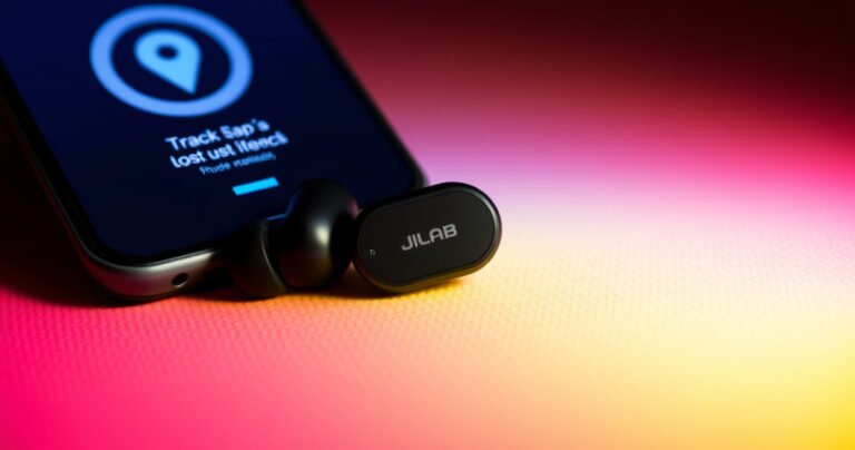 A close-up of sleek JLab earbuds resting on a vibrant, textured surface, surrounded by a soft glow. In the background, a smartphone screen displays a tracking app with a bright map pin icon, symbolizing the search for lost items. Subtle hints of technology and convenience fill the scene, evoking a sense of modernity and ease.