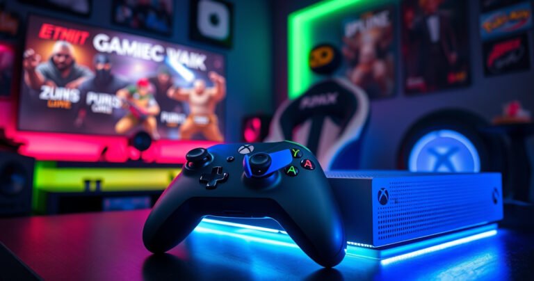 A sleek, modern gaming setup featuring a vibrant Xbox console, a pair of stylish earbuds resting on the controller, glowing LED lights illuminating the background, a cozy gaming chair, and posters of popular video games on the walls, all set in a dimly lit room that exudes excitement and anticipation for gaming sessions.